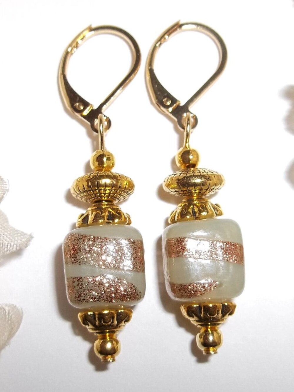 Green and Gold Earrings Beaded Glass Dangle Drop Jewelry Woman Gift Idea D895
